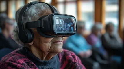 Senior woman VR headset.