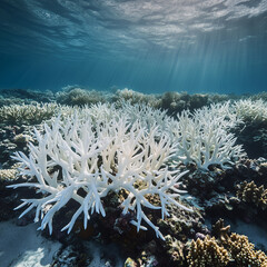 Coral bleaching on a barrier reef as a result of ocean acidification. Illustration of the ecological disaster caused by human activity.