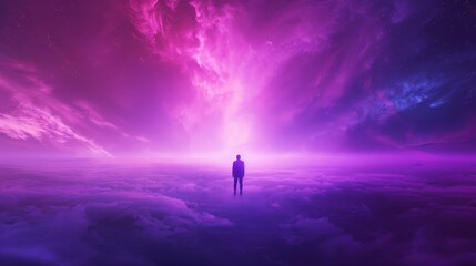 Obraz premium Solitary Voyager in the Infinite Cosmos, a thought-provoking illustration of a lone figure amidst the boundless expanse of space, evoking feelings of isolation and wonder.