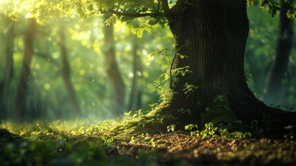 A tree in a forest with green leaves and a bright sun shining on it