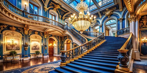 Fototapeta premium Majestic mansions soar high, grand staircases spiral upward, lavish chandeliers refracting light, and regal palettes of deep blues and golds unfold in opulent splendor.