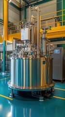Modern stainless steel reactor in an industrial facility with bright colors and advanced technology.