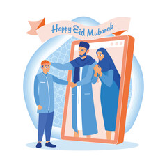 Boys celebrate Eid online. Communicate and apologize to parents on the smartphone screen. Happy Eid Mubarak concept. Flat vector illustration.
