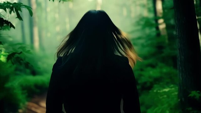 Woman with long hair is walking away on a path in a mysterious forest with fog. She is wearing a black dress and her hair is blowing in the wind