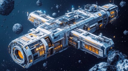 Naklejka premium Futuristic Spaceship in Asteroid Field