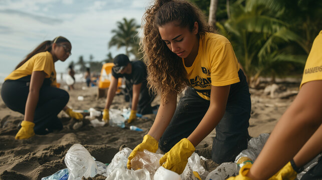 Team of volunteers working on a tropical beach in a garbage clean-up and waste sorting event.
 - Powered by Adobe