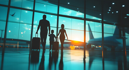 "Silhouette of a Happy Family Walking in an Airport with Luggage"