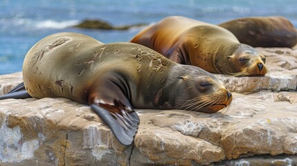 Sea lions with sleek, shiny fur resting on sunlit rocks with a serene ocean horizon in the background.
