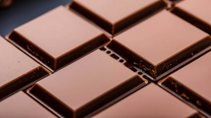 Fototapeta premium A close-up view reveals glossy chocolate bars arranged in a grid pattern, highlighting their smooth texture and perfect squares