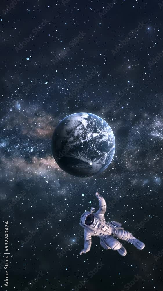 Wall mural space background with a planet and astronaut 4k virtual video animation background