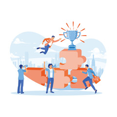 Business team celebrating achieving business success. Man flies towards the trophy on the puzzle. Successful Business Team concept. Flat vector illustration.
