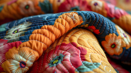 Obraz premium Closeup of Quilted Fabric with Floral Pattern - Illustration