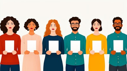 Obraz premium Diverse group of voters standing in line, holding their ballots, symbolizing unity in the democratic process, American election, inclusive voting