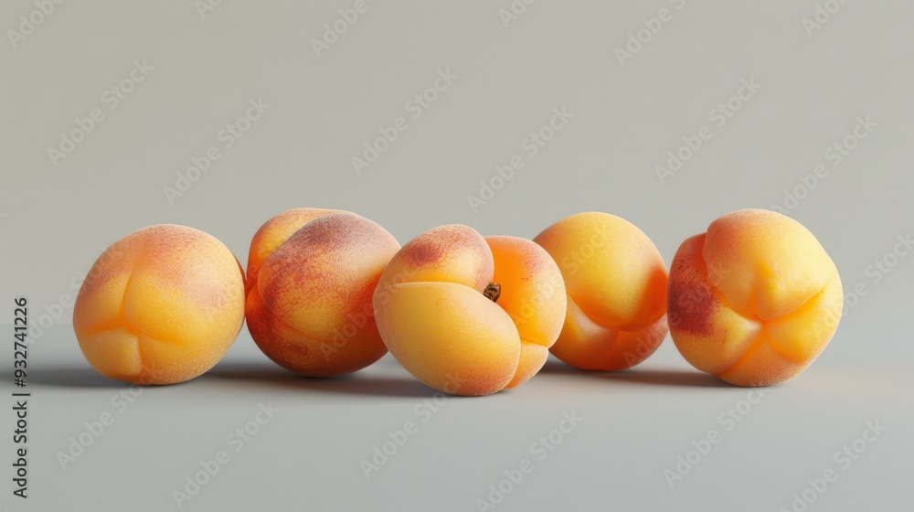 Poster several apricots with a soft focus on their surface details, positioned on a neutral background to e