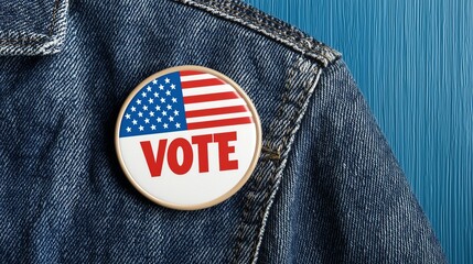 Image of a  Vote  button pinned to a jacket, representing civic duty and pride in participating in elections, American election, civic engagement