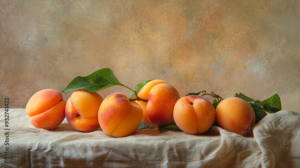 Poster several apricots with a soft focus on their surface details, positioned on a neutral background to e