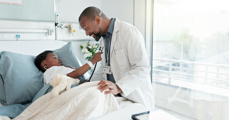 Doctor, child and playing with stethoscope in hospital for breathing check, pretend and imagination...