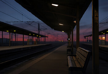 Train station platform with benches under dim lighting