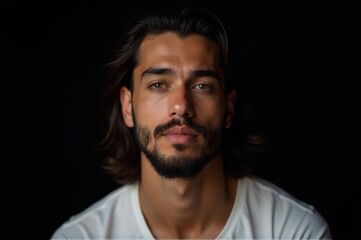 Obraz premium Close-up portrait of a handsome young man with long dark hair and green eyes, suitable for lifestyle, fashion, or personal branding with copy space.