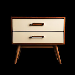 Vintage Retro Chest of Drawers with Three Drawers in White and Brown Color Scheme Isolated on Black Background. High Resolution.