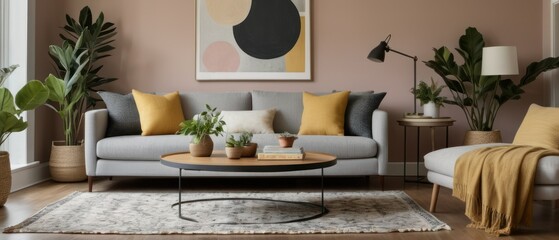 Stylish living room featuring a grey sofa, yellow armchair, and vibrant indoor plants. Contemporary decor with elegant lighting and a cozy atmosphere perfect for relaxation.