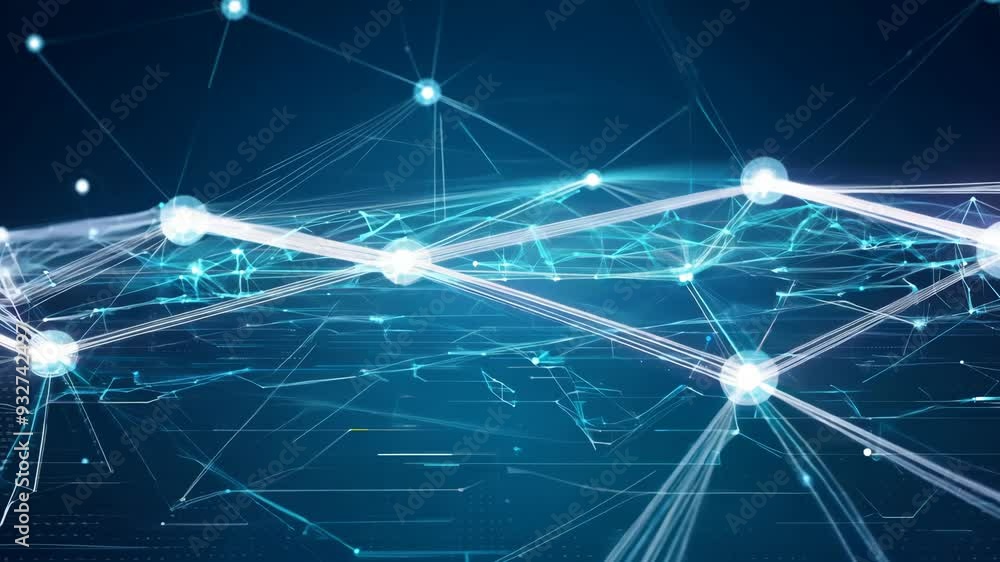 Poster exploring technological connections in data networks during a futuristic digital landscape