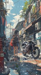 Fototapeta premium A girl stands by her motorbike, washing it in a bustling anime-style street with colorful shops and clear blue skies