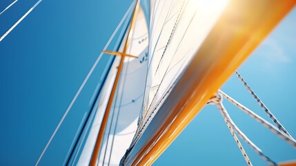 Fototapeta premium Sailboat sail against a bright blue sky.
