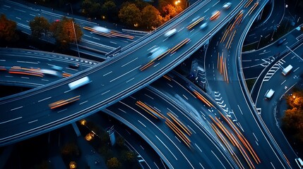 Aerial view of a busy highway interchange at night.
