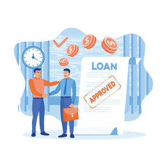 Businessman borrows money from banks. Businessman shaking hands with the bank after signing loan agreement. Approved Loan concept. Flat vector illustration.