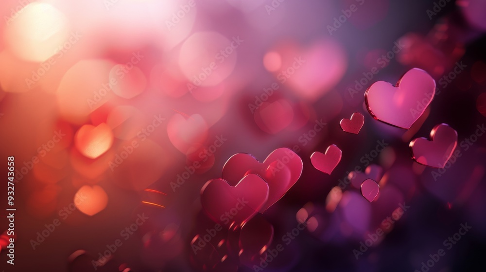 Poster softly glowing hearts against a gradient background transitioning from deep maroon to light pink, su