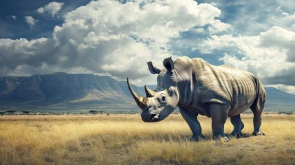 A white rhinoceros or the Latin name Ceratotherium simum animal is threatened with extinction...