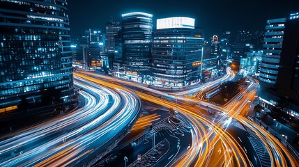 Fototapeta na wymiar Aerial view of a busy city intersection at night with light trails.