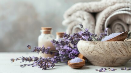 Spa treatment essentials with fresh lavender flowers