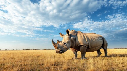 Fototapeta premium A white rhinoceros or the Latin name Ceratotherium simum animal is threatened with extinction background wallpaper AI generated image