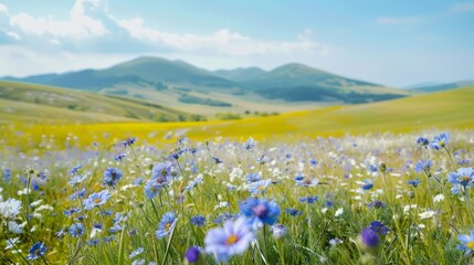 Fototapeta premium Springtime meadow bursting with an array of wildflowers like chamomile and cornflowers, framed by rolling hills and a peaceful, clear sky.