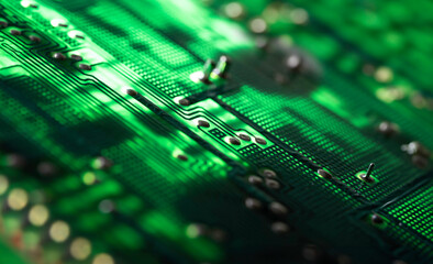 Illuminated green electronic circuit board with many electrical components. Narrow depth of field