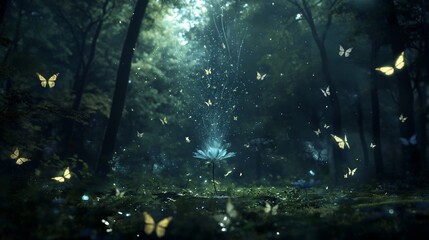 A forest scene with a flower and many butterflies