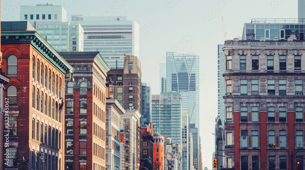 Poster stylish city skyline with a mix of historic and modern architecture, showcasing a blend of old and n