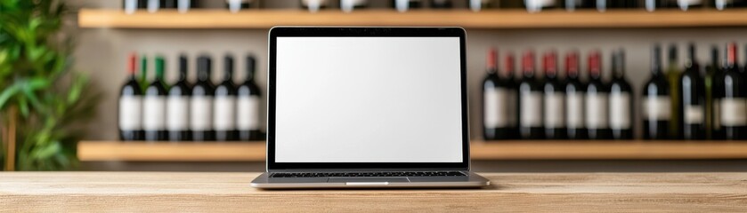 A modern laptop on a wooden table in front of a wine shelf, ideal for presentations or lifestyle projects.