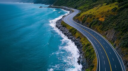 A drone shot of a winding coastal road with sharp turns, with the ocean waves crashing against rocks below, highlighting the thrill of driving along scenic routes