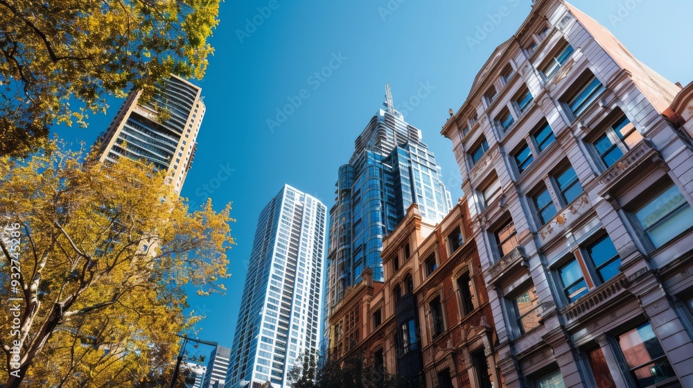 Poster stylish city skyline with a mix of historic and modern architecture, showcasing a blend of old and n
