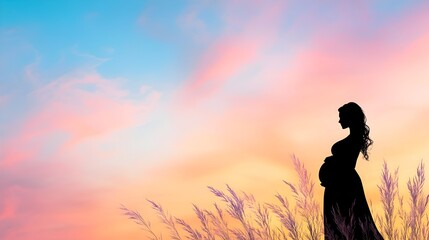 Ethereal Silhouette of Pregnant Woman in Warm Pastoral Landscape