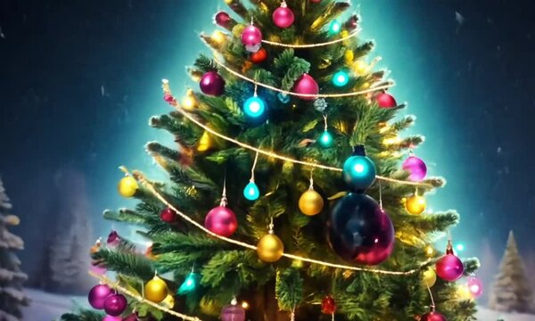 Christmas tree decorated with balls and snow 8k video