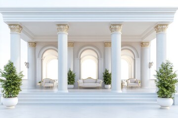 Obraz premium Grand palace veranda with marble columns, luxurious seating, and classical decor