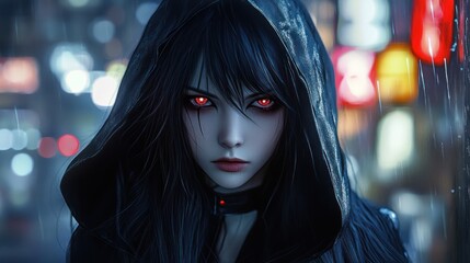 Anime girl red eye character gothic with long black hair wearing a hood mysterious in a modern cyberpunk style background wallpaper AI generated image