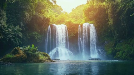 Fototapeta premium Serene Waterfall in Lush Rainforest