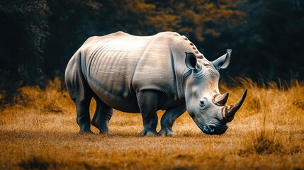 Obraz premium A white rhinoceros or the Latin name Ceratotherium simum animal is threatened with extinction background wallpaper AI generated image