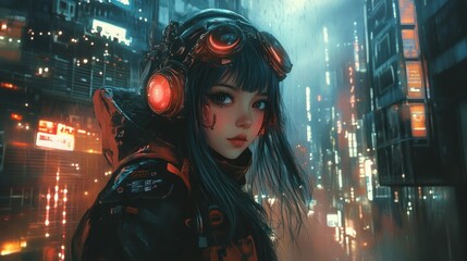 Close up cute cyberpunk anime style girl young face character background wallpaper AI generated image