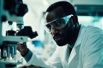 A photo male scientist is doing research in the laboratory. 